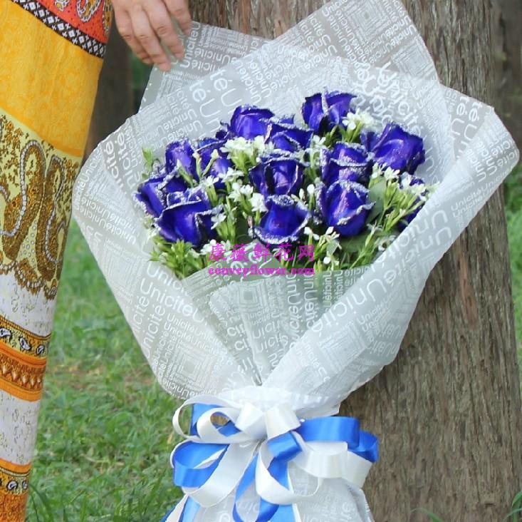 蓝玫瑰_鲜花订购 11支蓝色玫瑰白色包装扇形